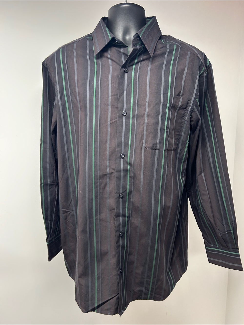 NWT Claiborne Men's Large Tall Striped Button Down Shirt Black Green⁠